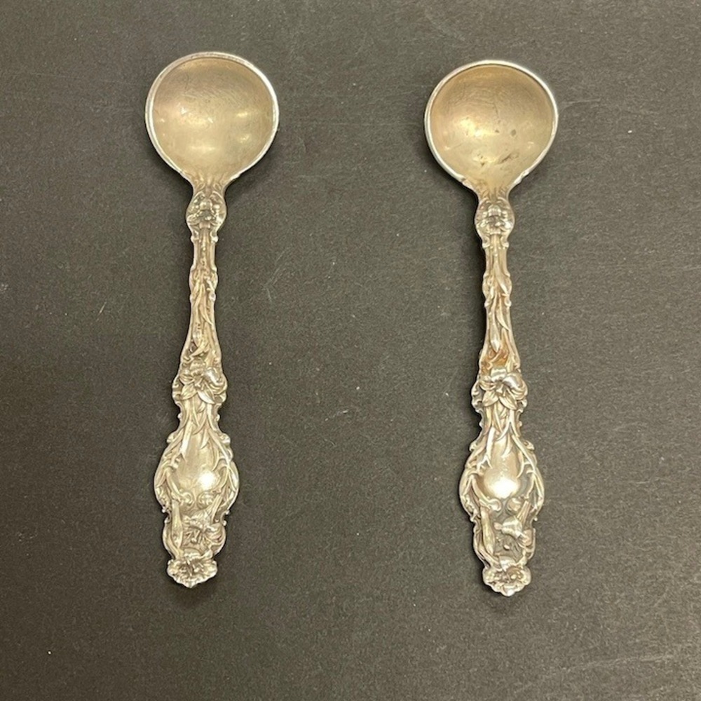 Gorham La Scala Sterling Silver Salt Spoons Pair Antique 1902 Floral Ornate SP2